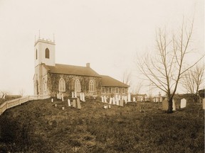 St. Andrew's United Church in Lachine, in undated photograph probably taken in the 1890s. The church was founded by Scottish Presbyterians employed in the fur trade, in 1818. The church building, designed by famed architect John Wells, was built in 1832-34. The photograph shows a graveyard that no longer exists; the graves were later moved to another cemetery. People buried there included relatives of fur trader Simon Fraser and the Dawes family of brewers.  SOURCE: McGill University Archives