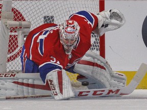 Canadiens goalie Carey Price makes a shootout save against the Florida Panthers' Jonathan Huberdeau during game at the Bell Centre in Montreal on Feb. 19, 2015.