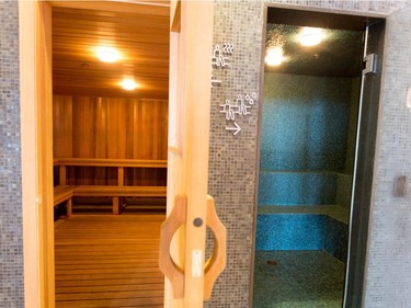 The dry sauna, left, and the steam sauna in the common area of the home of Alan Kezber and Martine Diffley Kezber, not seen, in Montreal on Tuesday February 24, 2015.