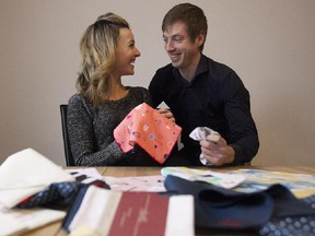 Marion Poirier and her partner Thomas Geissmann, with their line of handkerchiefs  at their home in Montreal on Saturday March 14, 2015. Their company called TSHU sells elegant and eco-friendly handkerchiefs.