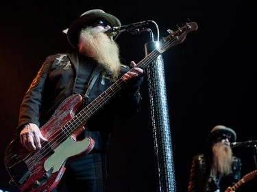 ZZ Top members Dusty Hill, left, and Billy Gibbons perform at the Bell Centre on Tuesday, March 17, 2015.