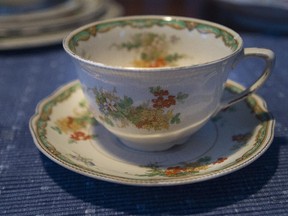 A teacup and saucer from a set of dishes Patricia Crowe's father and his sister gave to her grandmother. If one of the pieces breaks, her father said, remember it is just a dish.
