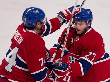 Montreal Canadiens defenseman Alexei Emelin, left, and centre Alex Galchenyuk clown around during the pre- game skate for their match against the Carolina Hurricanes at the Bell Centre on Thursday, March 19, 2015.