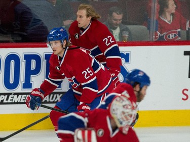 Montreal Canadiens left wing Jacob De La Rose, centre takes part in the pre-game skate at the Bell Centre on Thursday, March 19, 2015. Right wing Dale Weise, top right, goalie Carey Price, bottom, and right wing Brandon Prust, bottom right, also take part in the skate.