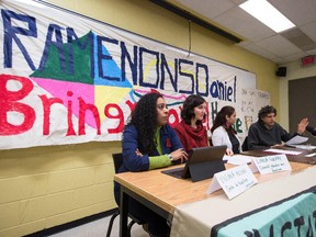 A sign says "bring Daniel home" as Viviana Medina,  left, from the centre de travailleuses immigrants, Linda Guerry, from the collectif education sans frontières, Romina Hernandez, from Solidarité sans frontières, and Richard Goldman, from the comité d'aide aux réfugiés, hold a news conference in support of the return of a teenager deported to Mexico. The teenager, being called Daniel, is living in a dangerous situation, supporters say.
