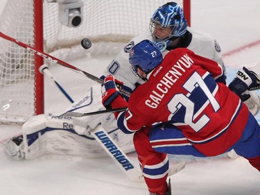 Montreal Canadiens' Alex Galchenyuk can't get puck past Tampa Bay Lightning goalie Ben Bishop during third period in Montreal on Monday, March 30, 2015.