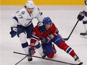 Brian Flynn, battling Tampa Bay's Victor Hedman during the playoffs on March 30, agreed to a two-year deal with the Canadiens on Tuesday.