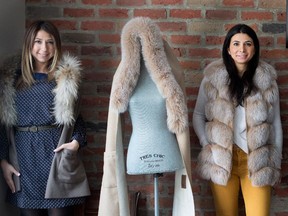 Sisters Rita Elias and Rim Elias, left, display their fur vests in Montreal on Wednesday March 4, 2015. Their startup business, Eläma, already has P.K. Subban as a client. (MONTREAL GAZETTE)