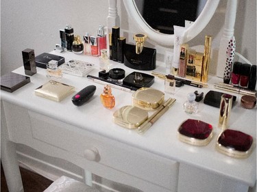 A dressing table with fine French cosmetics and perfume in the home of Zahra Taieh, not seen, in Montreal on Thursday March 5, 2015. (Allen McInnis / MONTREAL GAZETTE)