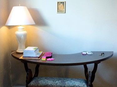 A writing table fills a corner of Zhara's living room.