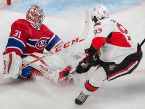 Canadiens goalie Carey Price makes  save against Ottawa Senators forward Mika Zibanejad during preseason game at the Bell Centre in Montreal on Oct. 4, 2014.