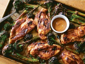 Quick Chicken & Baby Broccoli with Spicy Peanut Sauce, from Sheet Pan Suppers by Molly Gilbert.