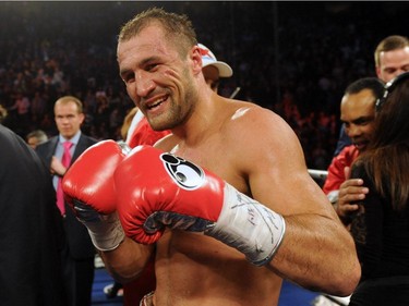 Sergey Kovalev celebrates after defeating Jean Pascal (not pictured) during their Unified light heavyweight championship bout at the Bell Centre on March 14, 2015 in Montreal, Quebec, Canada.
