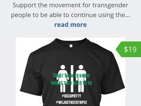 #WEJUSTNEEDTOPEE T-shirt (in part) in support of transgender people's need to use bathrooms that match their gender identity and presentation.
