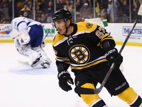 Brad Marchand of the Boston Bruins reacts after scoring the winning goal during a shootout against the Tampa Bay Lightning at TD Garden on March 12, 2015. The Bruins won 3-2.