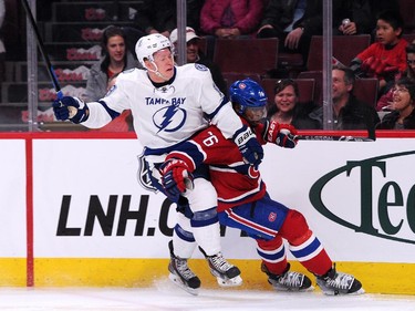 P.K. Subban of the Montreal Canadiens and Ondrej Palat of the Tampa Bay Lightning battle for position at the Bell Centre on Tuesday, March 10, 2015.