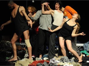 The performers in Tauberbach hold nothing back as they jump, fall and accost each other on a stage strewn with rags in an artistic representation of a garbage dump.