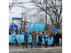 Teachers from the Pearson Teachers Union, which represents 3,000 full-time, part-time and substitute teachers from the Lester B Pearson School Board, demonstrated in front of the Valois train station in Pointe-Claire, March 26, 2015. They are without a contract and unhappy with the way negotiations are going with the government. Photo courtesy of the the Pearson Teachers Union. Entered by Kathryn Greenaway, March 30, 2015.