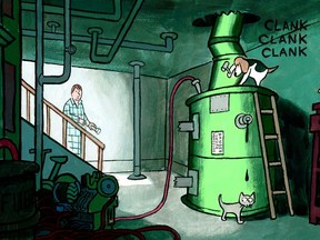 Walter Wimbledon, investigating the clanking sounds reported by his daughter Wendy, finds Stanley the dog repairing the oil tank in the basement.  Illustration by Jon Agee in his new picture book, It's Only Stanley, published by Dial Books for Young Readers.