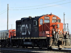 A CN locomotive goes through the CN Taschereau yard in Montreal in 2009.