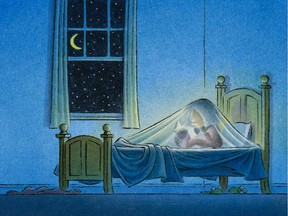 A two-page illustration by Tom Lichtenheld of a child reading by flashlight under the bed sheets, toward the end of the book I Wish You More, is an evocative accompaniment to Amy Krouse Rosenthal's words: "I wish you more stories than stars." Published by Chronicle Books.
