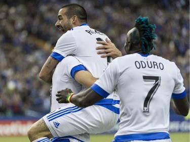 Montreal Impact midfielder Andres Romero celebrates his goal against the Club America during first half CONCACAF final action Wednesday, April 29, 2015 in Montreal.