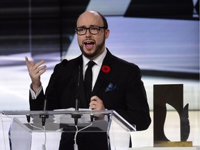 Author Sean Michaels gives his acceptance speech after winning the 2014 Giller Prize in Toronto, Monday, Nov.10, 2014.