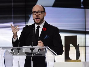 Author Sean Michaels gives his acceptance speech after winning the 2014 Giller Prize in Toronto, Monday, Nov.10, 2014. Michaels will be featured Wednesday at Victoria Hall, 4646 Sherbrooke St. W.