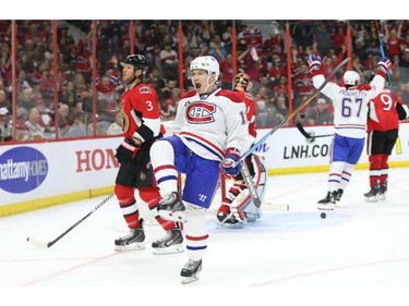Brendan Gallagher of the Montreal Canadiens celebrates his goal against the Ottawa Senators during first period of NHL action at Canadian Tire Centre in Ottawa, April 26, 2015.