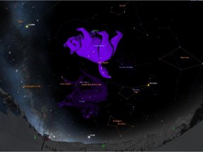 This sky chart shows the Big Dipper and its constellation Ursa Major, also known as the Great Bear, riding high in the northeastern evening sky in April.