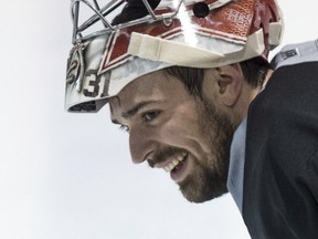 Canadiens goalie Carey Price smiles during a practice in Brossard on April 13, 2015.