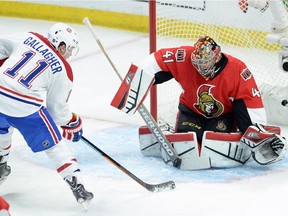 Senators goalie Craig Anderson makes a save against Canadiens forward Brendan Gallagher during the second period of Game 3 of the Eastern Conference quarter-finals in Ottawa on Sunday, April 19, 2015.