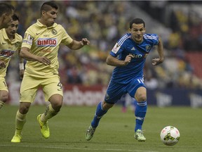 The Impact's Dilly Duka, right, competes for the ball with Erik Pimentel of Club America during a CONCACAF Champions League match in Mexico City on April 22, 2015.
