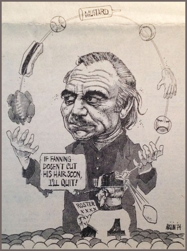 A copy of an Aislin cartoon of Jim Fanning from 1974, when he was trying to form a roster with Gene Mauch. (Aislin gave Fanning the original.)