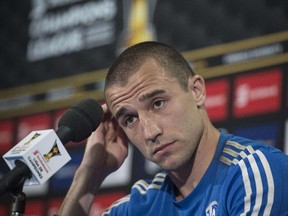 Montreal Impact's suspended goalkeeper Evan Bush speaks at a press conference in Montreal on April 28, 2015 on the eve of the CONCACAF Champions League return leg final against Mexico's Club America.