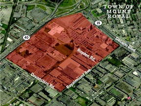 Graphic showing the 70-hectare location for the future Quinze40 shopping complex located near the intersection of Décarie Blvd. and Highway 40 (Metropolitan) in Town of Mount-Royal (TMR).