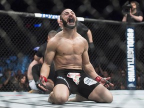 John Makdessi reacts after a TKO win over Shane Campbell in their UFC 186 catchweight fight in Montreal, Saturday, April 25, 2015.