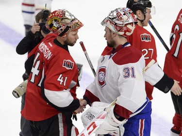 Montreal Canadiens goalie Carey Price (31) and Ottawa Senators goalie Craig Anderson (41) shake hands following NHL playoff action in Ottawa, Sunday, April 26, 2015.