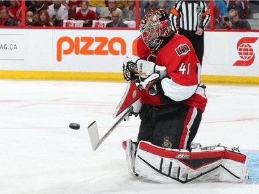 Craig Anderson #41 of the Ottawa Senators makes a save against the Montreal Canadiens in Game Four of the Eastern Conference Quarterfinals during the 2015 NHL Stanley Cup Playoffs at Canadian Tire Centre on April 22, 2015 in Ottawa, Ontario, Canada.