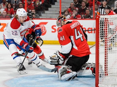 OTTAWA, ON - APRIL 26: Craig Anderson #41 of the Ottawa Senators makes a save on Dale Weise #22 of the Montreal Canadiens in Game Six of the Eastern Conference Quarterfinals during the 2015 NHL Stanley Cup Playoffs at Canadian Tire Centre on April 26, 2015 in Ottawa, Ontario, Canada. The Montreal Canadiens eliminated the Ottawa Senators by defeating them 2-0 and move to the next round.