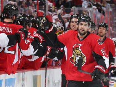 OTTAWA, ON - APRIL 19: Clarke MacArthur #16 of the Ottawa Senators celebrates his first period goal against the Montreal Canadiens in Game Three of the Eastern Conference Quarterfinals during the 2015 NHL Stanley Cup Playoffs at Canadian Tire Centre on April 19, 2015 in Ottawa, Ontario, Canada.