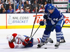 Peter Holland #24 of the Toronto Maple Leafs gets past P.K. Subban #76 of the Montreal Canadiens during NHL action at the Air Canada Centre April 11, 2015, in Toronto.