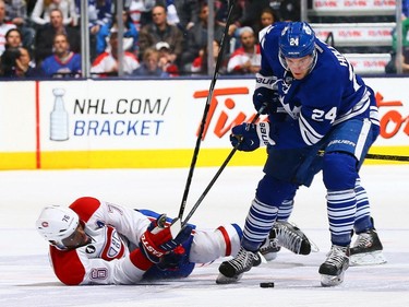 Peter Holland #24 of the Toronto Maple Leafs gets past P.K. Subban #76 of the Montreal Canadiens during NHL action at the Air Canada Centre April 11, 2015, in Toronto.