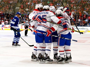 The Montreal Canadiens celebrate David Desharnais goal against the Toronto Maple Leafs during NHL action at the Air Canada Centre April 11, 2015, in Toronto.