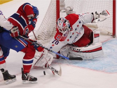 Montreal Canadiens' Alex Galchenyuk gets in close on Washington Capitals' Braden Holtby, during third period NHL action in Montreal on Thursday April 2, 2015.