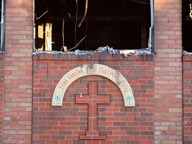 Fire damage at the Koimisis Tis Theotokou Greek Orthodox Church on the corner of L'Épée and St-Roch Sts. in Montreal April 14, 2015.