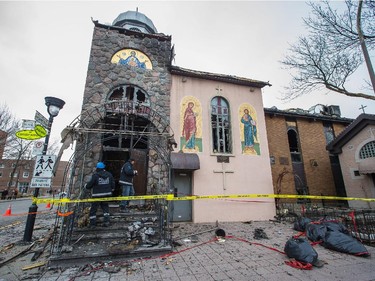 The scene of the overnight fire at the Koimisis Tis Theotokou Greek Orthodox Church, also called Panagitsa, on the corner of De L'Epée Ave. and St-Roch St. in the neighbourhood of Parc Extension April 14, 2015.
