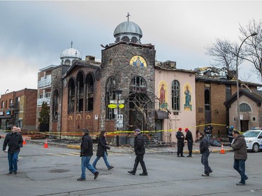 The scene of the overnight fire at the Koimisis Tis Theotokou Greek Orthodox Church, also called Panagitsa, on the corner of De L'Épée st. and St-Roch st. in the neighbourhood of Parc Extension April 14, 2015.