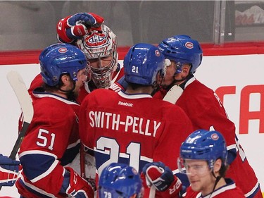 Habs celebrate win over the Ottawa Senators on Wednesday, April 15, 2015.