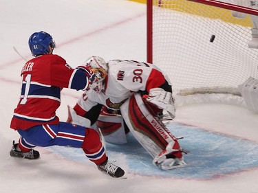 Montreal Canadiens' Lars Eller scores during second-period action in Montreal on Wednesday, April 15, 2015.